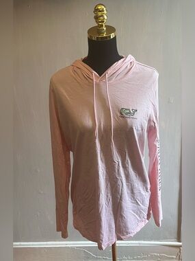Vineyard Vines Lightweight Pink Hooded Long Sleeve Shirt Logo Cotton Size Large